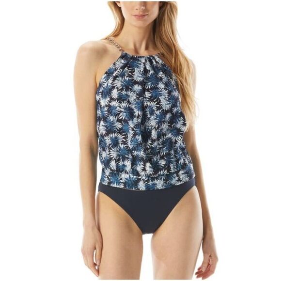Michael Kors Palm Mix High-Neck Blouson Tankini Top Navy Small - Picture 1 of 16